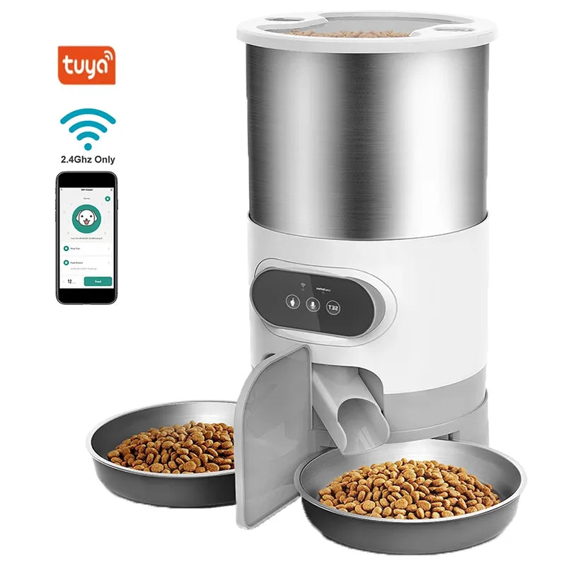 Alimentador de tiempo para gatos, aplicación inteligente, alimentador para gatos, comida doble de acero inoxidable, comida para mascotas, alimentación remota, dispensador automático adecuado para gatos y perros