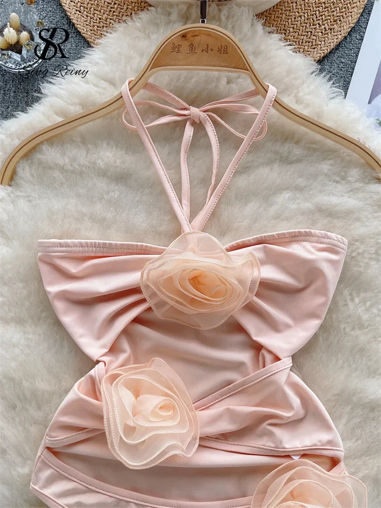 SINGREINY, monos sexis florales 3D para mujer, trajes de baño ajustados sin tirantes con cuello Halter y espalda descubierta, monos calados a la moda 2023