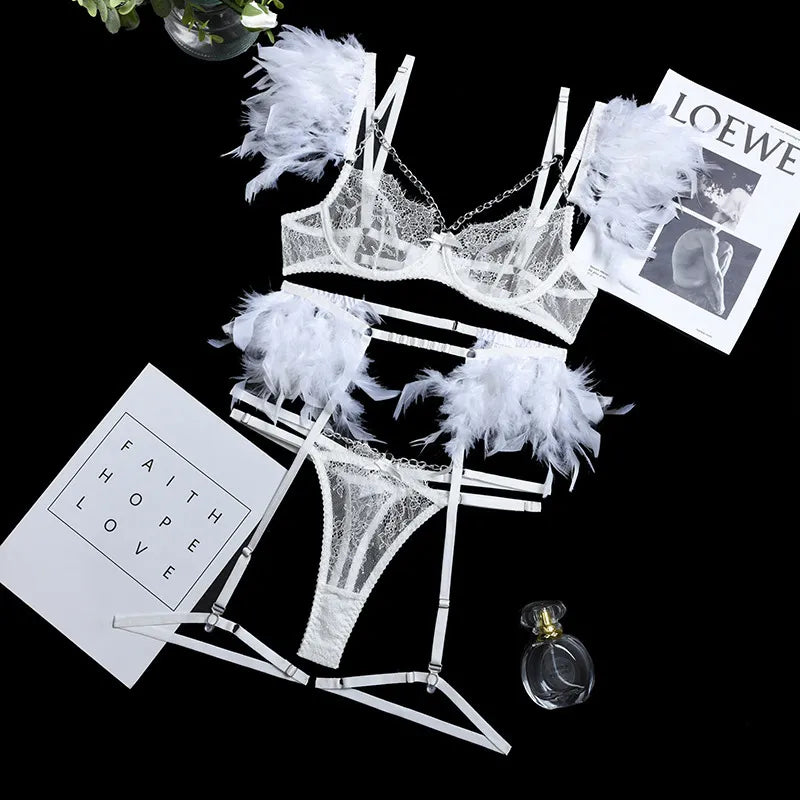 Transparent Women's Underwear Luxury Feather Decoration Metal Chain Lingerie Thong Suit Sexy Punk  Apparel