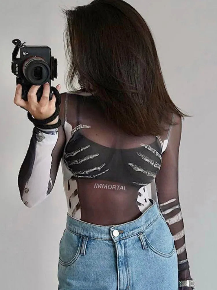 Wanita See Through Sexy Bodysuit Skulls Letter Graphic Women Clothes Slim Bodys Para Mujer De Vestir Long Sleeve One-Pieces Streetwear