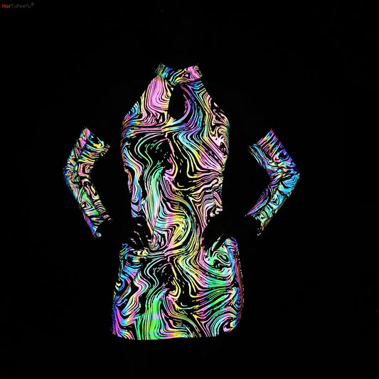 Reflective Halter Dress Mini Women Rainbow Vestido Mujer Party Rave Festival Fit Thight Print Clothing with Detachable Sleeve