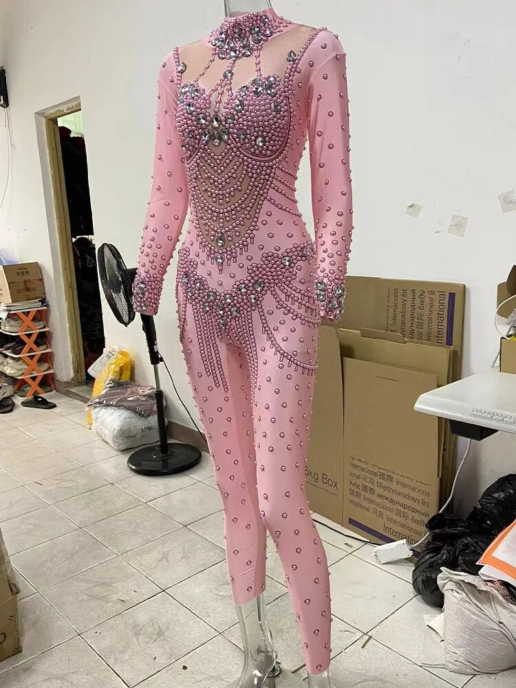 2023 Pink Crystals Jumpsuit Bling Glass Diamond Skinny Elastic Bodysuit Bar Female Singer Stage Costume Birthday Party Wear