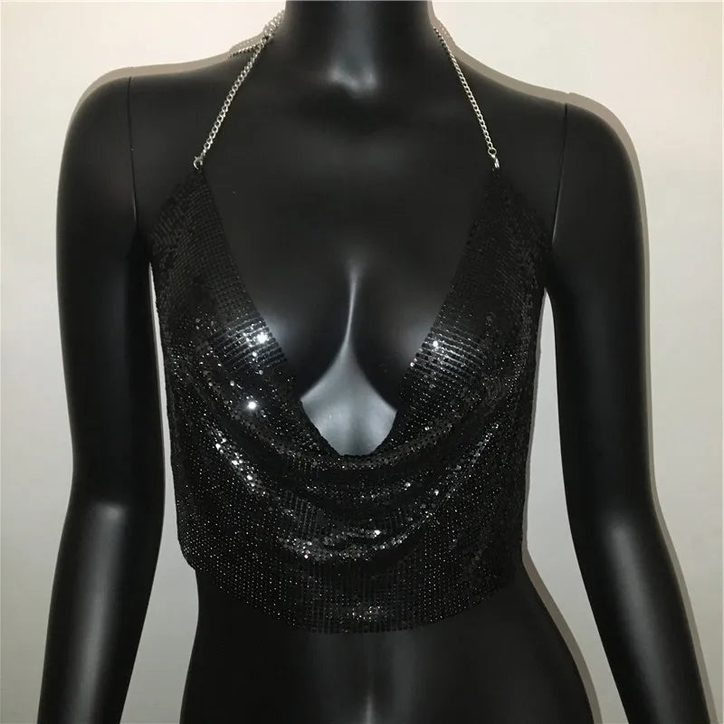 Y2K Tops Backless Party Crop Top Women Backless Corset Top 2023 Summer Sleeveless V-Neck Diamond Metal Sexy Night Club Tank Tops