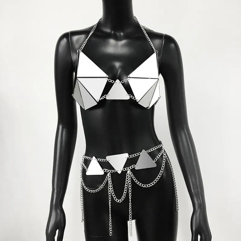 Conjunto de 2 piezas de cuero PU especular para mujer, trajes de fiesta Rave hechos a mano, cadena de Metal de retales, Top corto con espalda al aire, conjunto para mujer