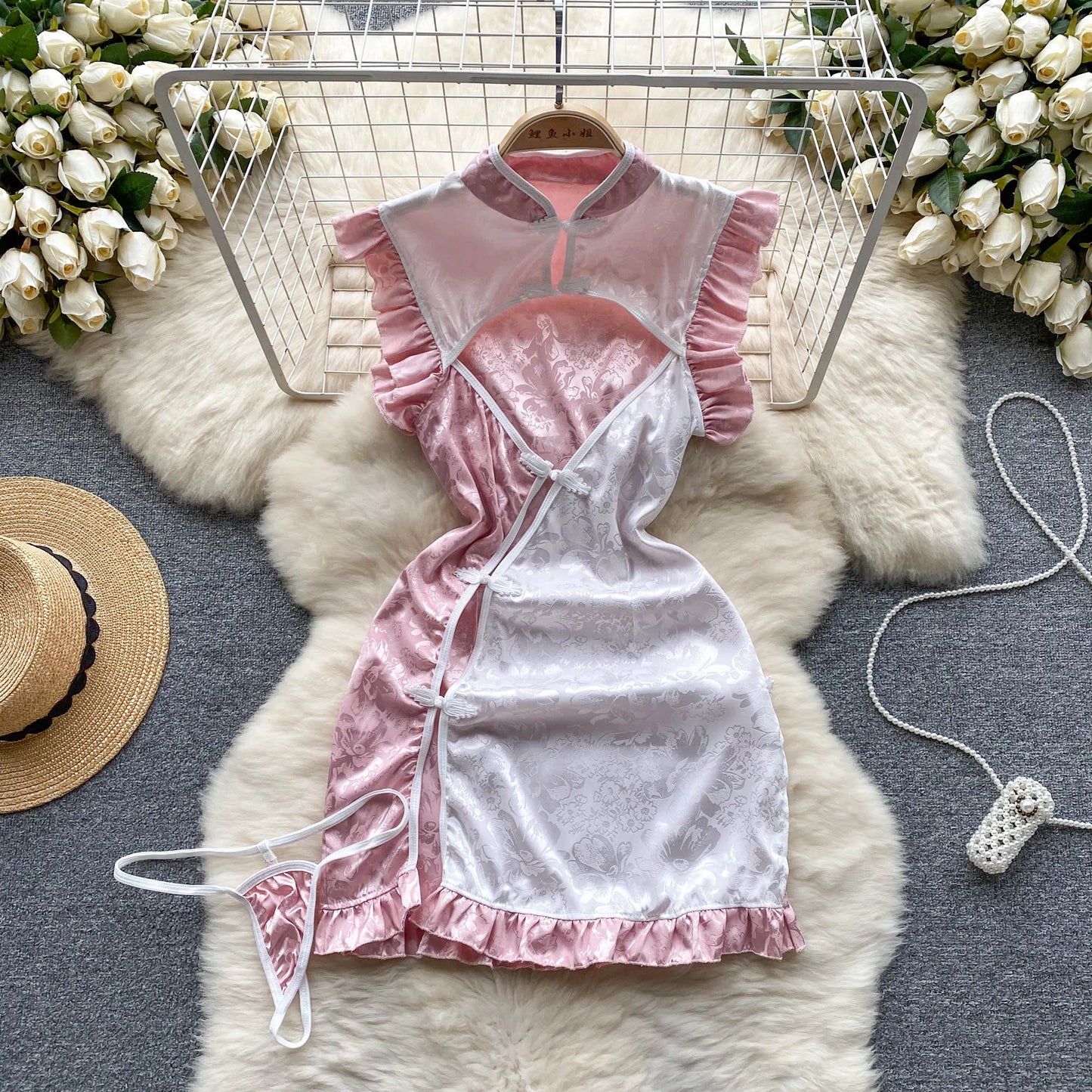 Vintage Cheongsam Sexy Short Nightdress Women Hollow Out Split Sensual Dress Sweet Satin Print Slim  Nightwear Wanita