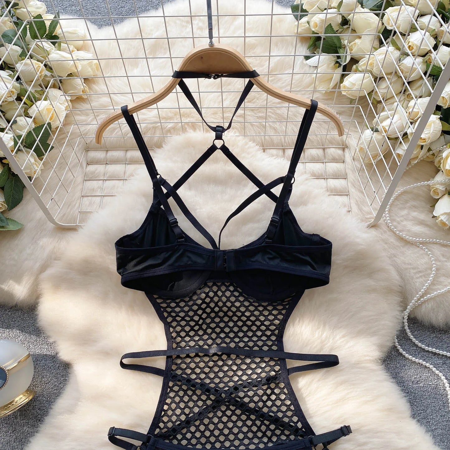 2023 Transparent Mesh Sexy Bodysuit Ladies Halter  Design Rompers Fashion Sheer Hollow Out Sensual Jumpsuits Wanita