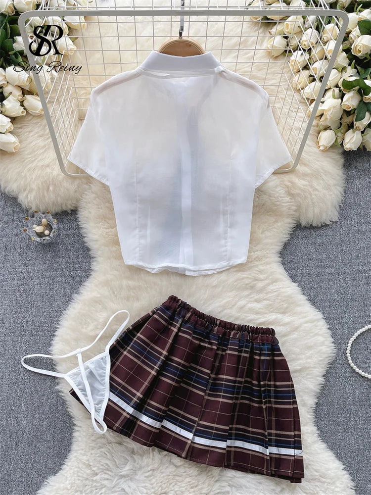 2023 Female Sheer Sensual Suits Transparent T Shirt+Plaid Mini Skirt+Thongs Preppy Style  Sexy Three Pieces Sets Wanita