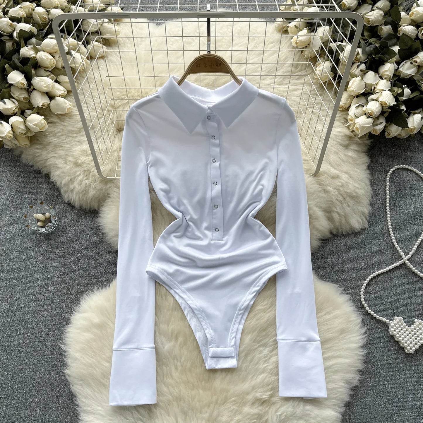 2023 Women Streetwear Sexy Bodysuits Button Polo Collar Long Sleeved Y2K Outwear Fashion Open Crotch Slim Playsuits Wanita