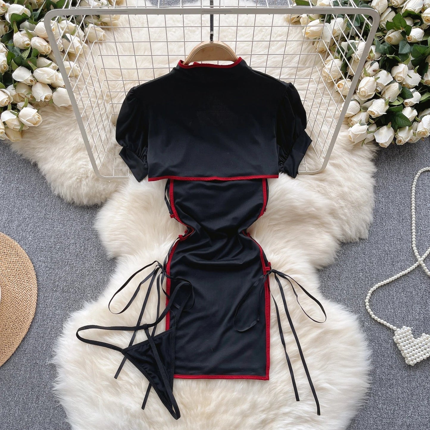 Cosplay Costume Sensual  Suits Kung Fu Girl Frog Lace Up Cross Design Dress+Thongs Hollow Out  Nightsuits Wanita