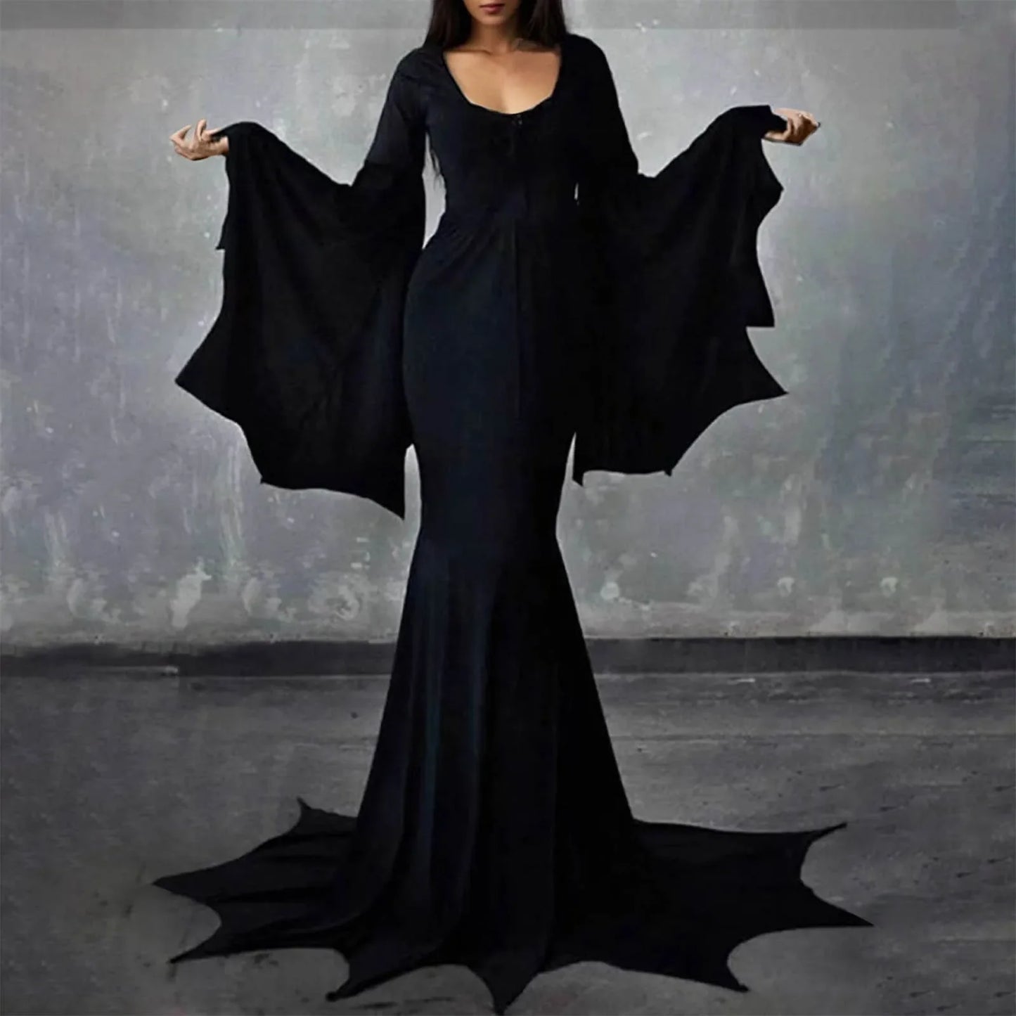 Costume de sorcière Morticia Addams, Robe de sol avec Train du mercredi pour femmes, tenue sombre d'halloween, Robe gothique, Robe d'horreur pour adultes