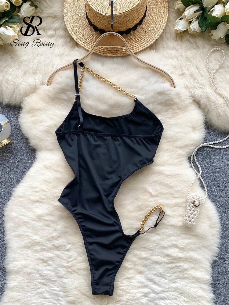 Women Hollow Out Sensual Playsuits Summer Chain Design Strap Backless Slim Swimsuit Fashion Y2K Elastic Sexy Bodysuits Wanita