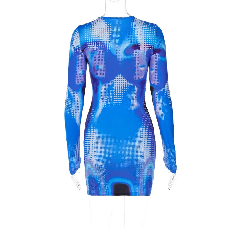 Y2K – robe élastique à imprimé coloré en 3D pour femme, tenue moulante à manches longues, tenue de soirée, boîte de nuit, printemps été, 2023