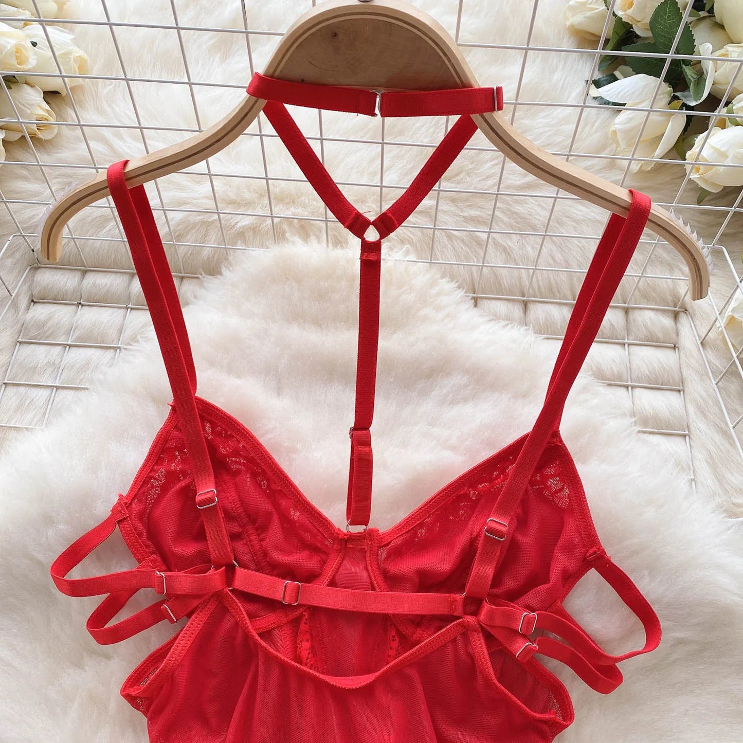 Women Sensual Hollow Out Playsuits Female Halter Strap Transparent Thin Slim Jumpsuits 2023 Mesh Lace Sexy Bodysuits Wanita