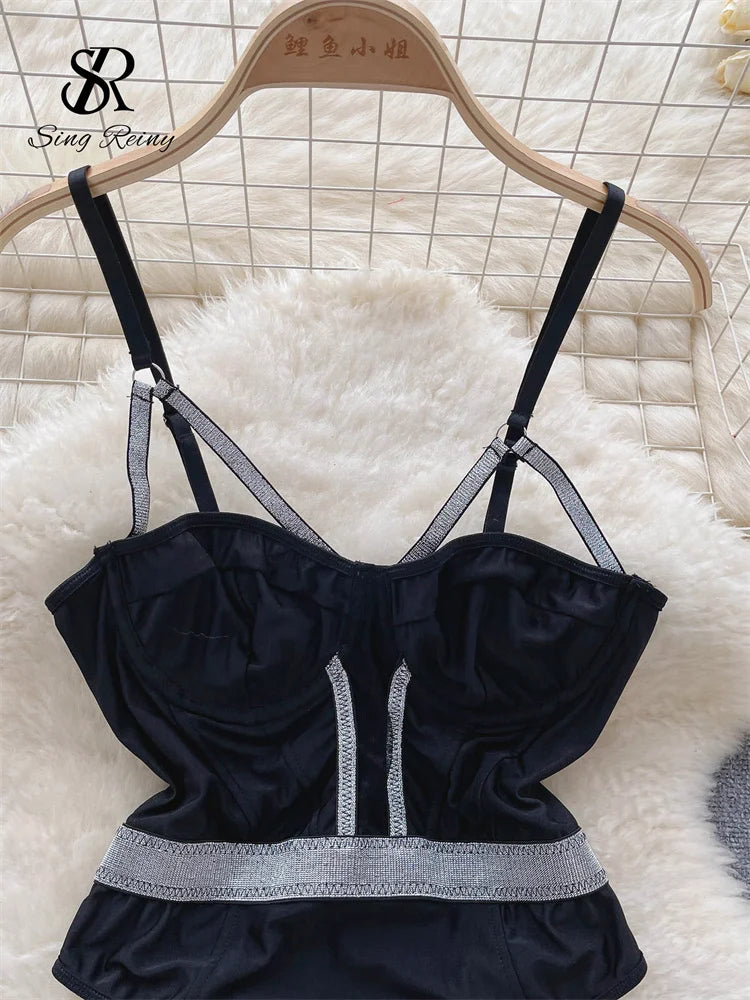 Ropa interior Sensual para mujer, traje de baño Sexy con tirantes brillantes y espalda descubierta, monos ajustados calados con entrepierna abierta a la moda Wanita