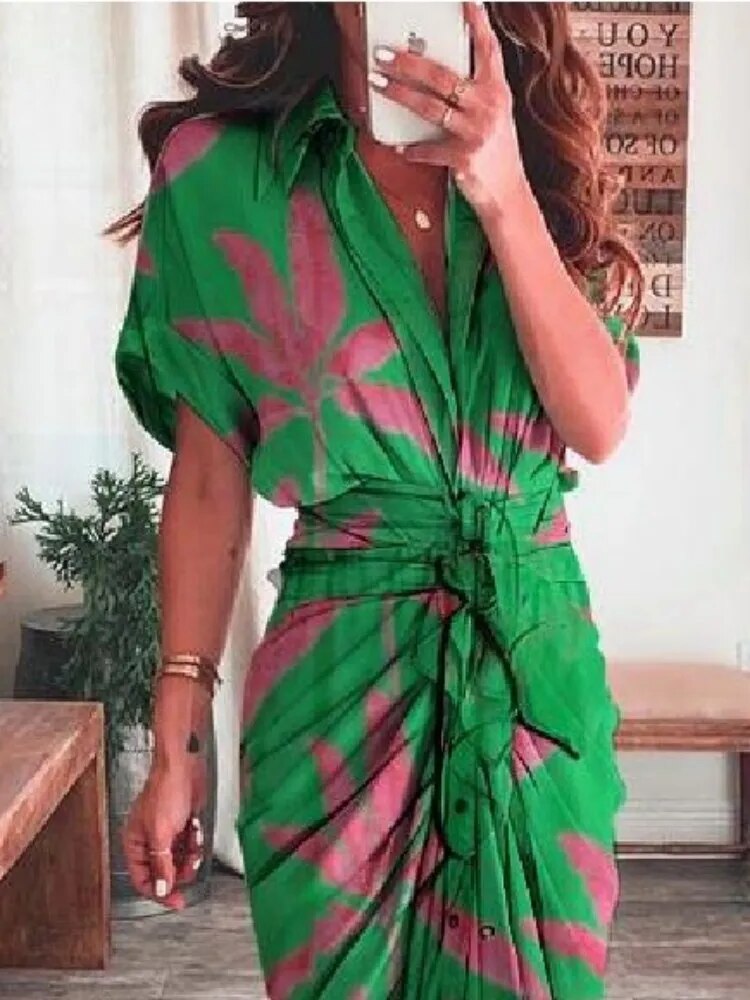 Spring Summer New Temperament Fashion Printed Long Dress Waist Tie-up Shirt Dress Streetwear Woman Clothes Robe Evening Dresses