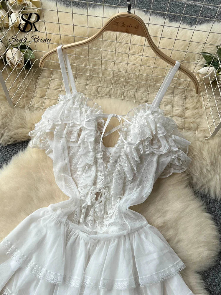 2023 Ruffles Sweet Cake Sheer Dress Women Strap Lace Up Backless Mesh Sexy Nightdress+Thongs   Nightwear Wanita