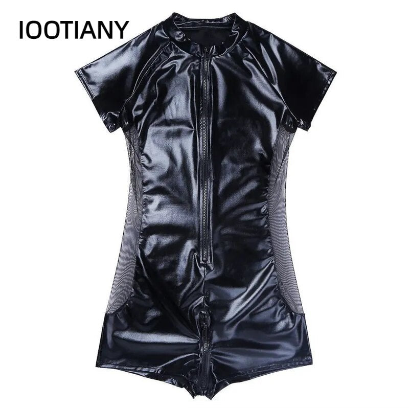 Wetlook Latex Catsuit cuir homme combinaisons noir Stretch PU cuir body Sexy Clubwear hommes fermeture éclair entrejambe ouverte Catsuit