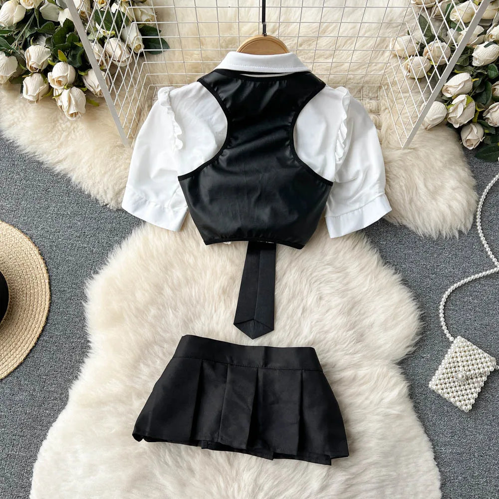 Women Hollow Out Sexy Two Pieces Suits Fashion Leather Vest+Mini Sensual Skirt+Thongs Japan Style   Outfit Wanita