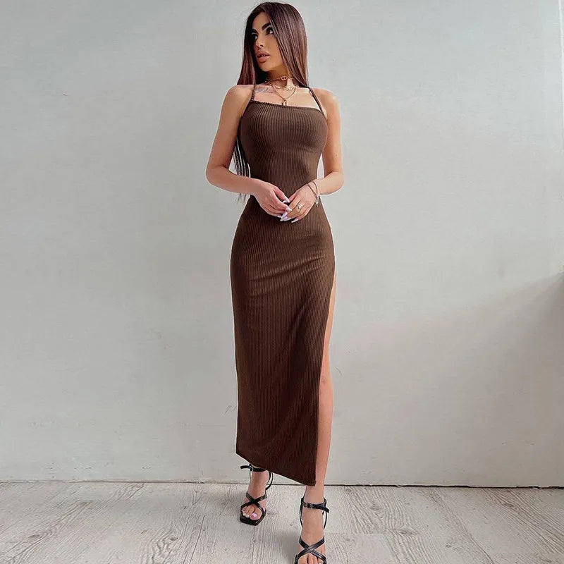 Sexy Black Long Bodycon High Split Dress Women Summer Sleeveless Blackless Halter Spaghetti Strap Dresses  Club Vestidos