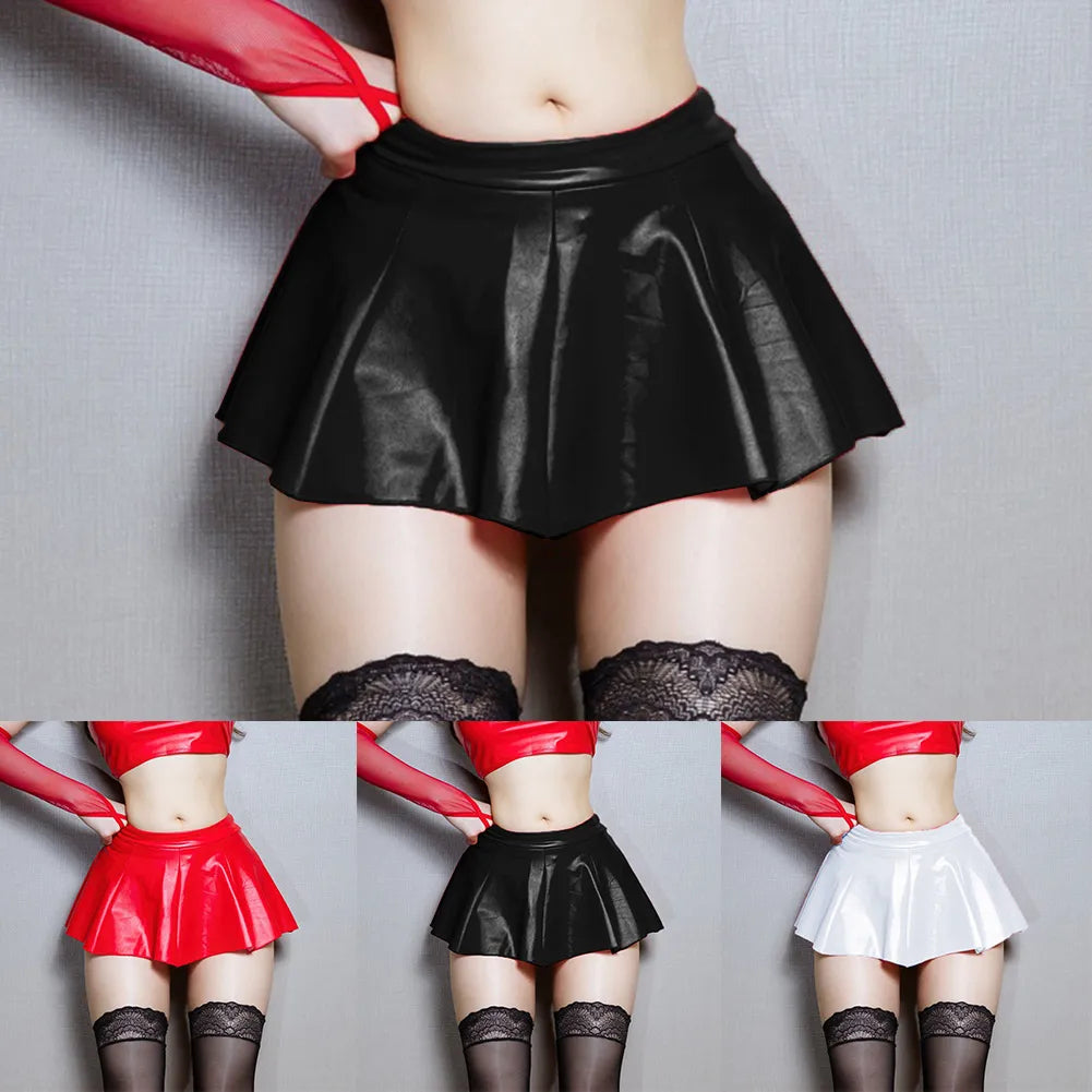 Women  Skirts Ultra Short Lingerie Sexy PU Leather Pleated Skirt High Waist Short Skirt Nightwear Clubwear Lingeries