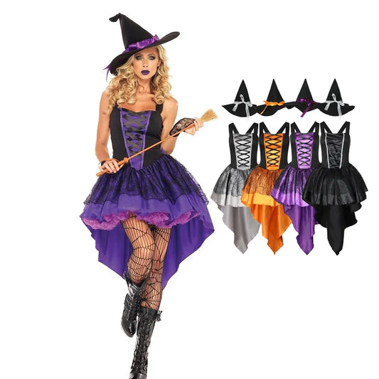 Carnaval Halloween dame multicolore smoking sorcière Costume mignon élégant Crape magique sorcière combishort Cosplay fantaisie fête