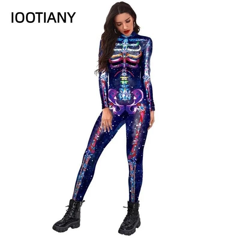 IOOTIANY 7 Colors 3D Skull Skeleton Printed Bodysuit Halloween Costume For Women Outfit Fancy Dress Clothing Adult Suit S-XL