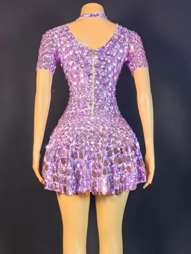 2023 Sexy Nightclub Leotard Shining Lovely Sequins Mini Dress Costume Celebrate Rhinestone Bodysuit Birthday Silver Dresses