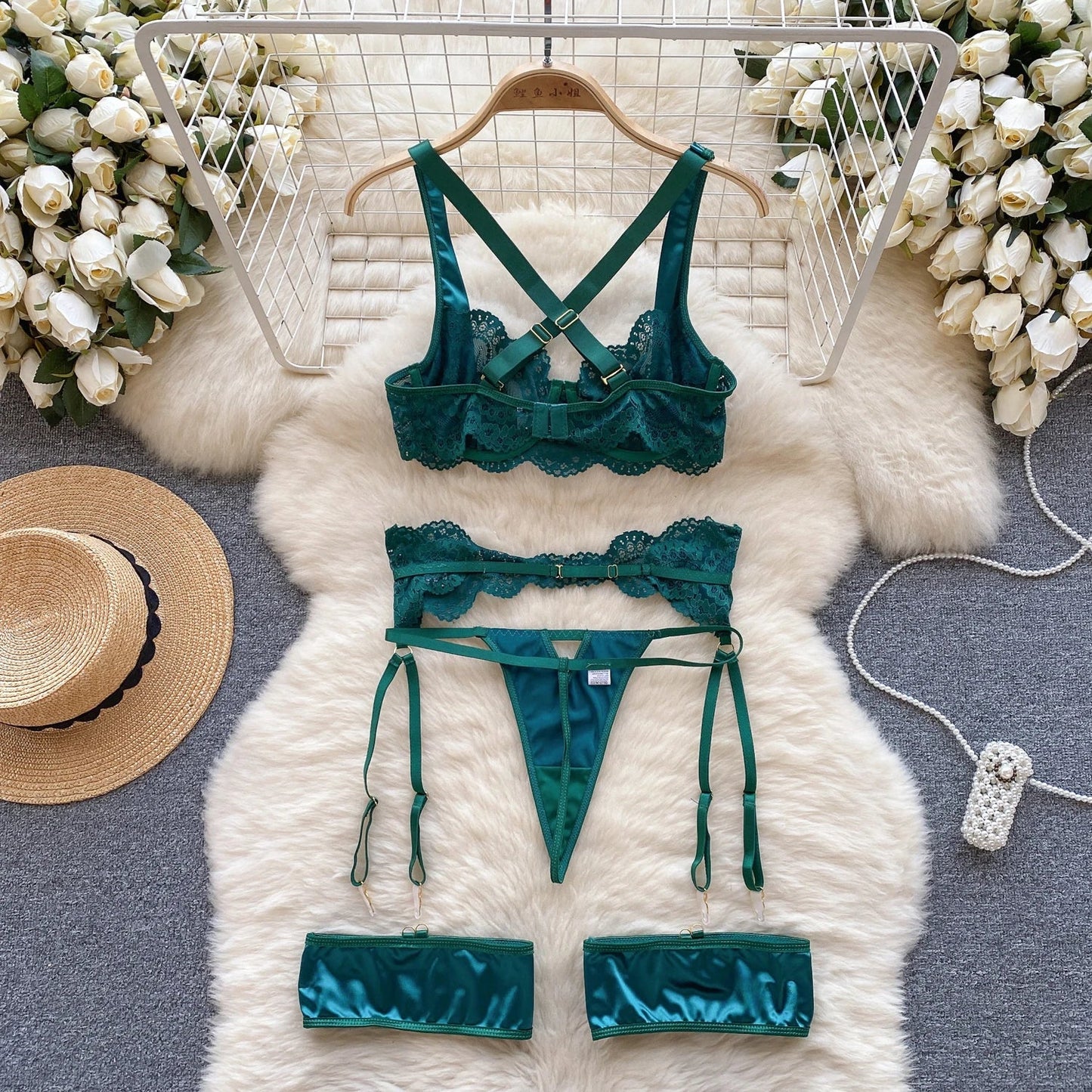 2023 Embroidery  Sleepwear Mesh Lace Three Pieces Suits Strap Mini Bra+Garter+Thongs Sexy Underwear Sets Wanita