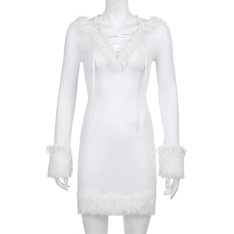 Kawaii – Mini robe moulante blanche en fourrure pour femme, manches longues, à capuche, tenue de soirée, Club, slim, Streetwear, hiver, automne