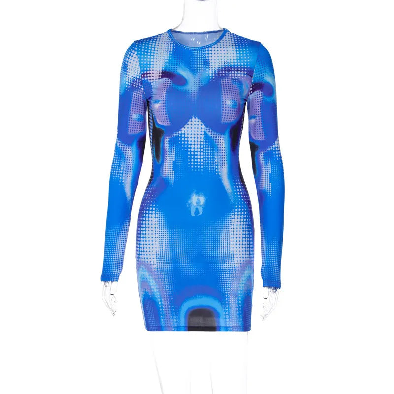 Y2K – robe élastique à imprimé coloré en 3D pour femme, tenue moulante à manches longues, tenue de soirée, boîte de nuit, printemps été, 2023