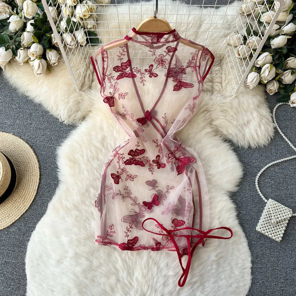 2023 Embroidery Sheer Bodycon Nightdress Women Floral Slim Split Sexy Dress+Thongs Chinese Vintgae  Nightwear Wanita