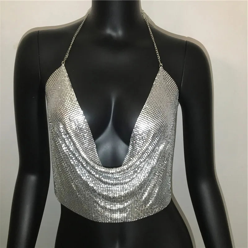 Y2K Tops Backless Party Crop Top Women Backless Corset Top 2023 Summer Sleeveless V-Neck Diamond Metal Sexy Night Club Tank Tops