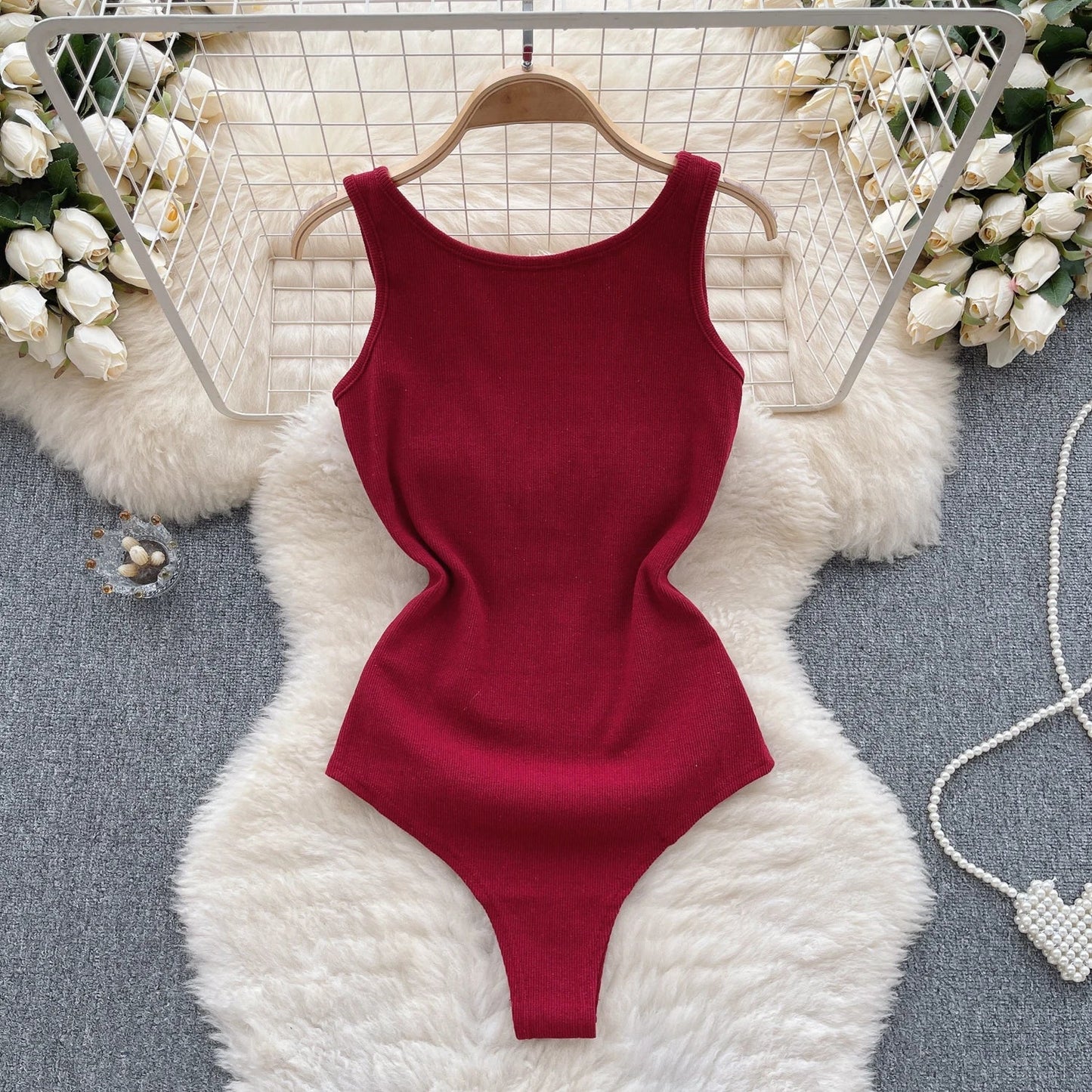 Solid Button Slim Bodysuits 2023 V Neck Sleeveless Open Crotch Sensual Top Ladies Fashion Bodycon Sexy Bodysuits Wanita