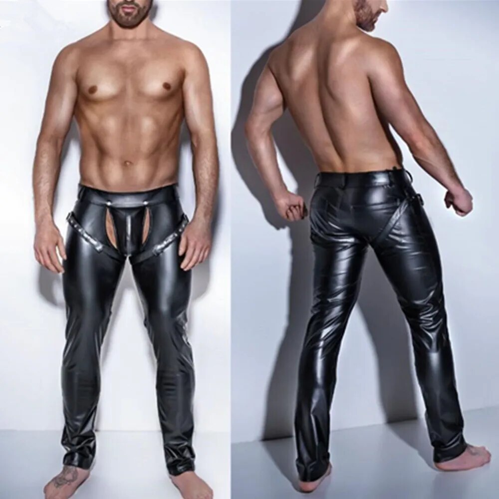 Pantalones sexis de látex de piel sintética con entrepierna abierta para hombre, pantalones con correas para Club nocturno de PVC, ropa gótica Punk para discoteca