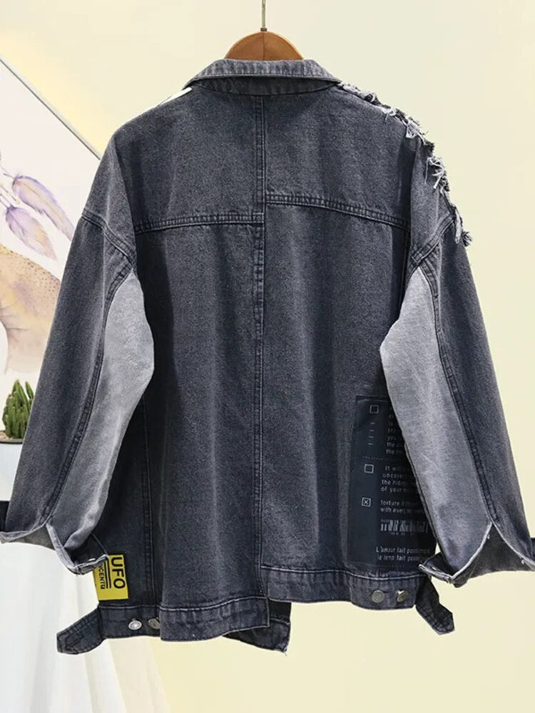 Vintage Full Sleeve Appliques Newspaper Pattern Large Size Black Denim Jacket Leisure Trend Coat 2023 Autumn New Jeans Jacket