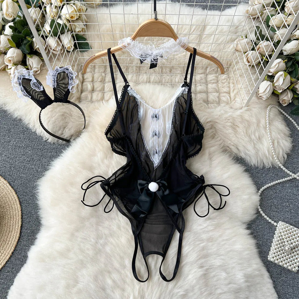 Cosplay Rabbit Maid Sexy Bodysuits Ladies Transparent Mesh Splice Lace Slim Nightwear 2023 Open Crotch Sexy Jumpsuit Wanita