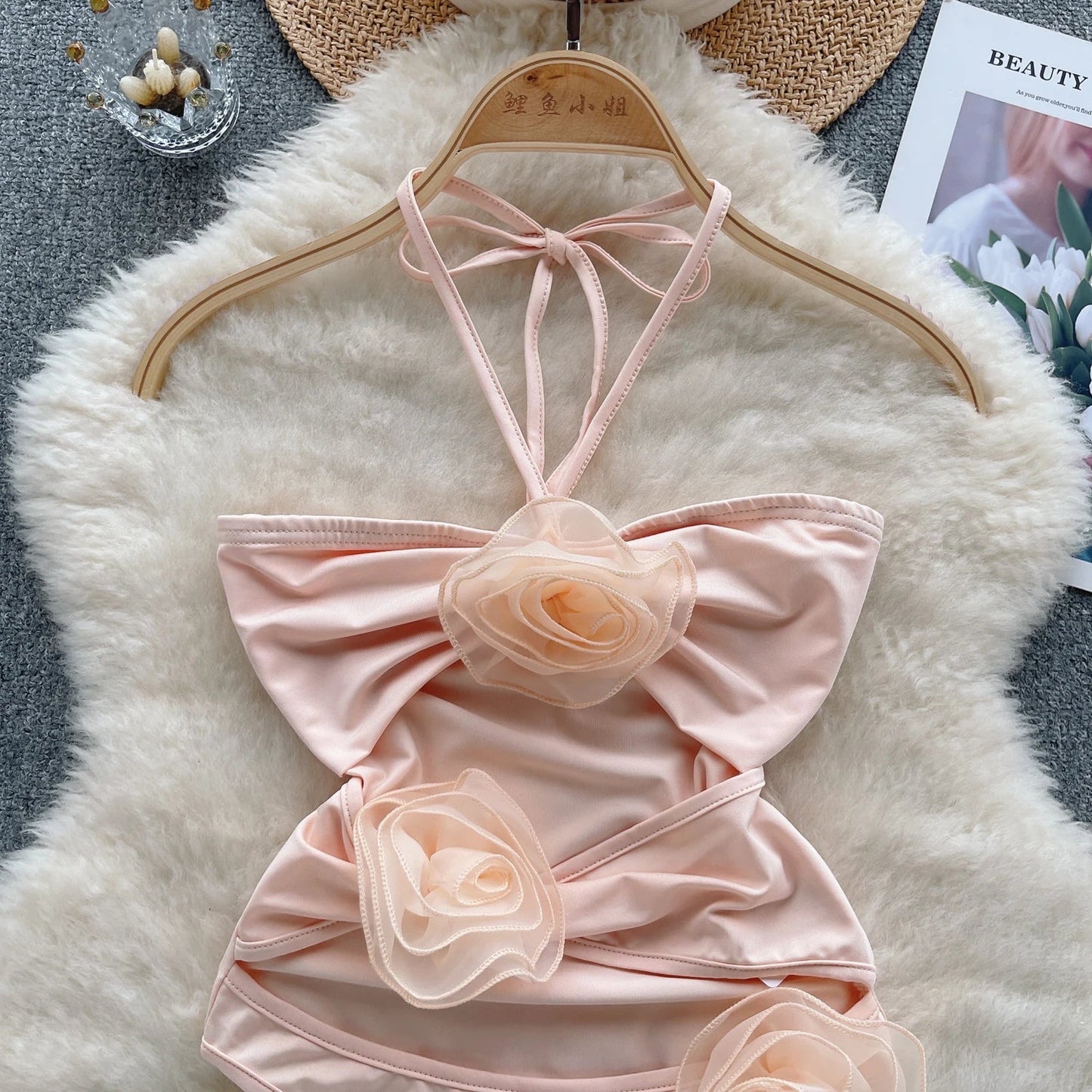 SINGREINY, monos sexis florales 3D para mujer, trajes de baño ajustados sin tirantes con cuello Halter y espalda descubierta, monos calados a la moda 2023