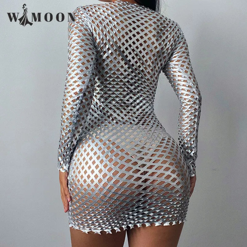 Otoño Sexy ceñido al cuerpo ahueca hacia fuera el vestido de plata de malla de diamante Club de manga larga Mini vestido de fiesta lápiz para las mujeres