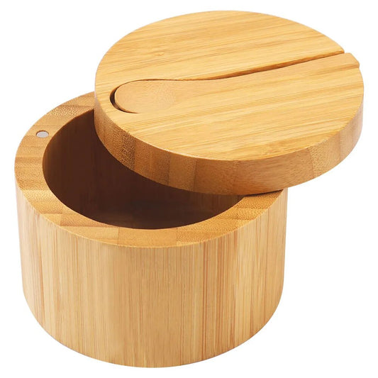 Bamboo Salt Container Spoon Seasoning Jar With Swivel Magnetic Closure Lid to Keep Dry To Storage Pepper Spice Cellar Holder