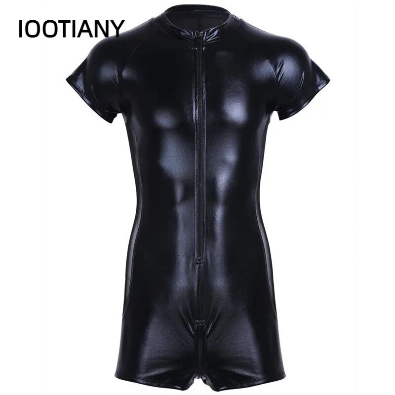 Wetlook Latex Catsuit cuir homme combinaisons noir Stretch PU cuir body Sexy Clubwear hommes fermeture éclair entrejambe ouverte Catsuit