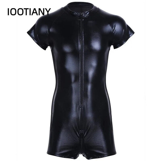 Wetlook Latex Catsuit Leather Man Jumpsuits Black Stretch PU Leather Bodysuits Sexy Clubwear Men  Zipper Open Crotch Catsuit