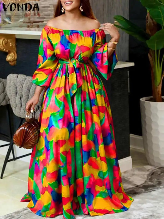 2023 VONDA Party Dress Oversize Women Summer Off Shoulder Maxi Evening Dresses Bohemian Elegant Long Sundress Print Vestido Robe