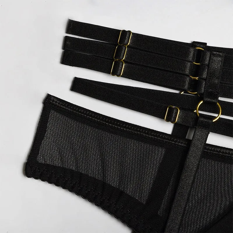 Ensemble de soutien-gorge noir 3 pièces pour femmes, sous-vêtements d'épissure en maille avec anneau de jambe, ensemble de sous-vêtements Sexy