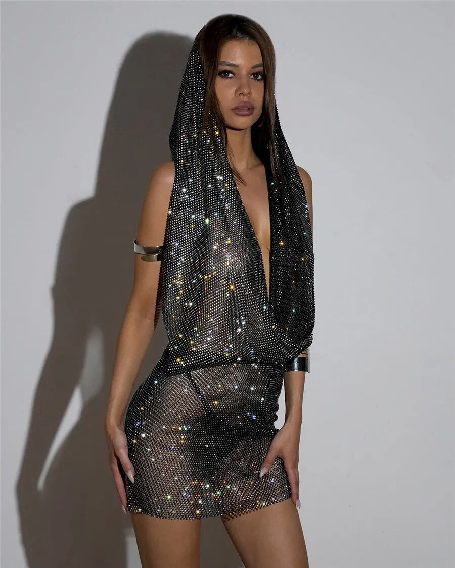 Y2K – robe en maille transparente pour femmes, Streetwear, brillant, strass, Bandana, bandeau, Festival Rave, vêtements pour femmes, boîte de nuit