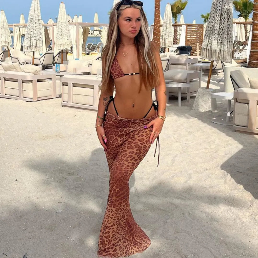 Conjuntos de vestido de playa con estampado de leopardo para mujer, conjunto de Bikini y falda cubierta, traje de baño Sexy de malla transparente de 3 piezas, ropa de playa 2023