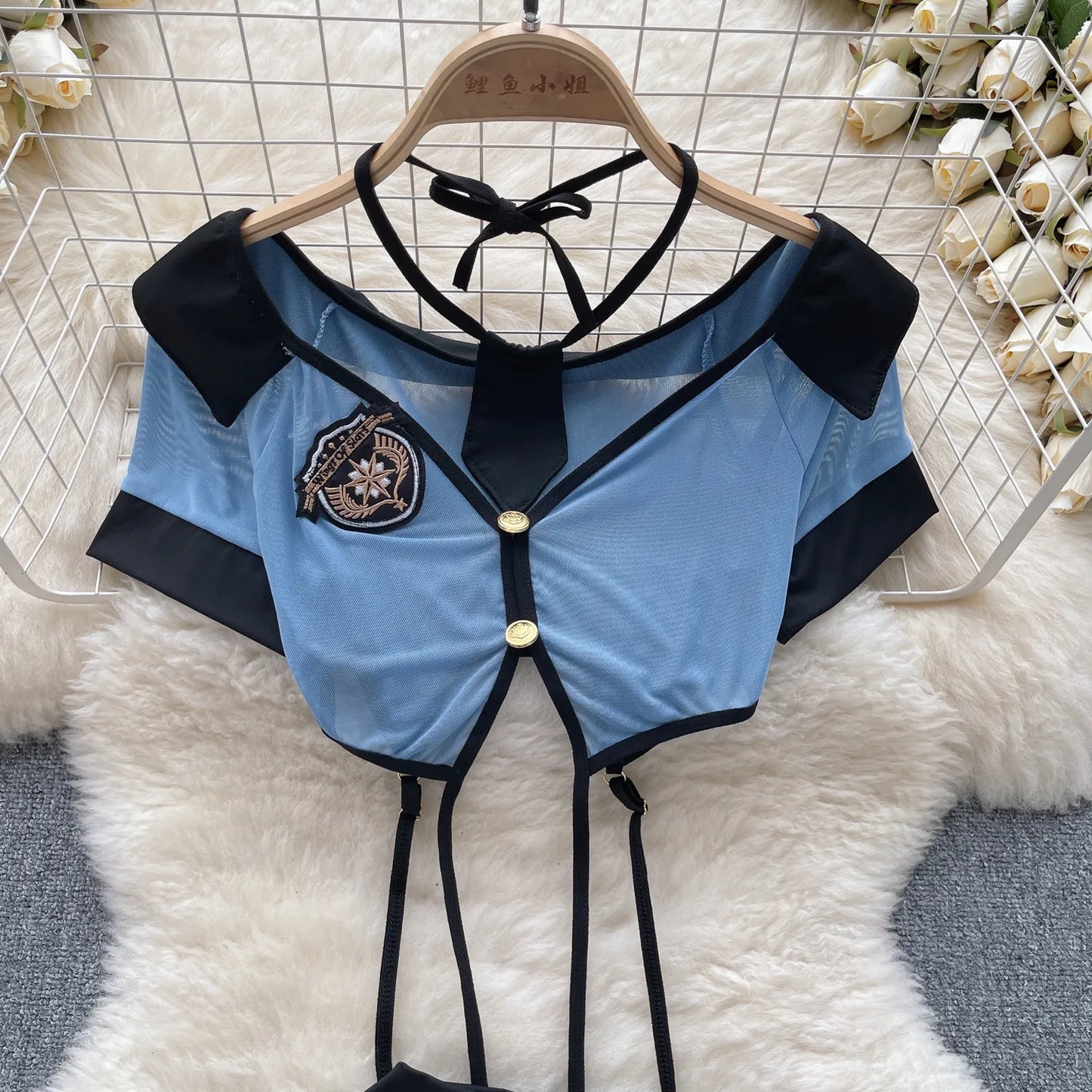 Conjuntos de uniformes sexys de estilo pijo para mujer, Top transparente con cuello de pico, minifalda con cordones y tangas, trajes de Cosplay calados Wanita 2023