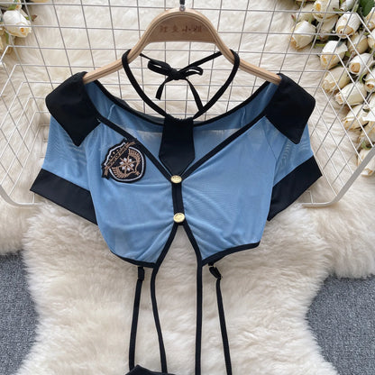 Women Preppy Style Sexy Uniform Sets 2023 V Neck Sheer Top+Lace Up Mini Skirt+Thongs Hollow Out Cosplay  Suits Wanita