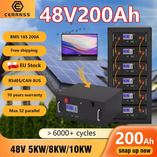 Paquete de batería LiFePO4 de 48V, 200AH, batería Solar de litio de 51,2 V, 10KWH, más de 6000 ciclos, máximo 32 CAN paralelo RS485 para inversor de red apagado/encendido