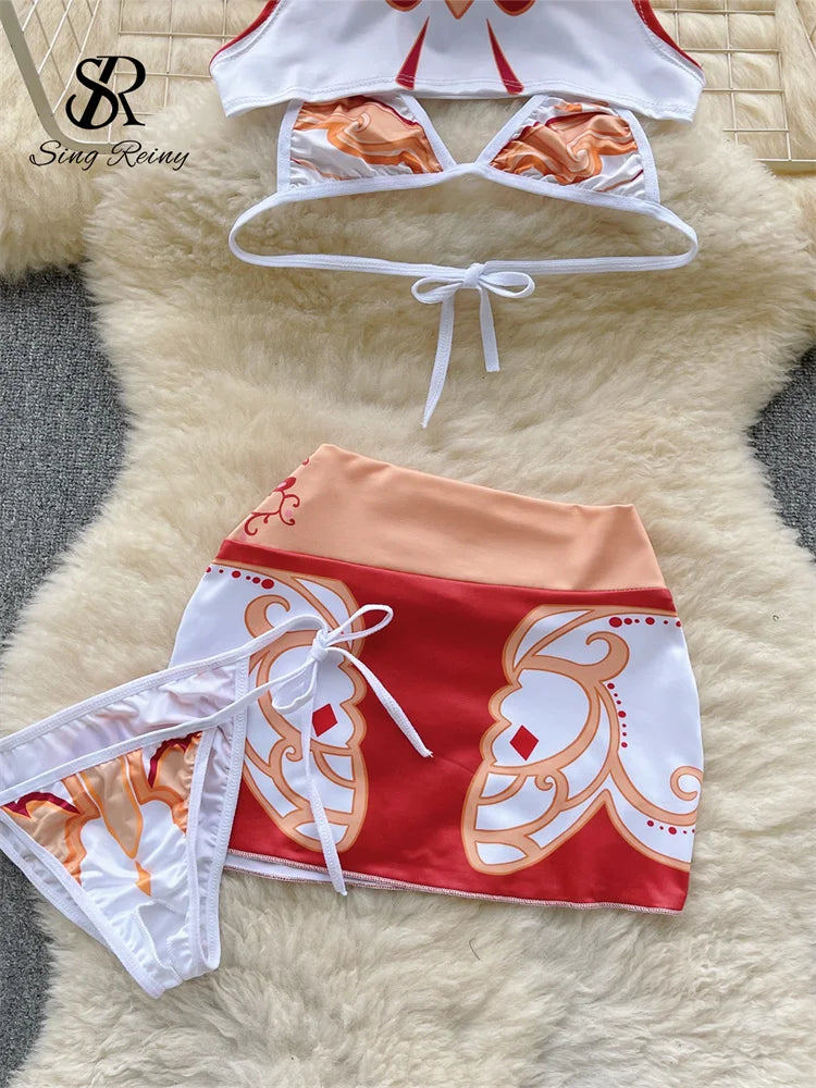 Cosplay Sexy Suits 2023 Sleeveless Mini Top+Short Slim Skirt+Thongs Sheath Print Bikini Sweet  Three Pieces Sets Wanita