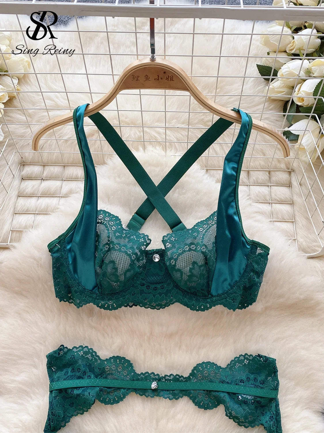 2023 Embroidery  Sleepwear Mesh Lace Three Pieces Suits Strap Mini Bra+Garter+Thongs Sexy Underwear Sets Wanita